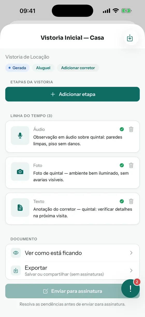Registros e revisão de uma vistoria no Vistor365