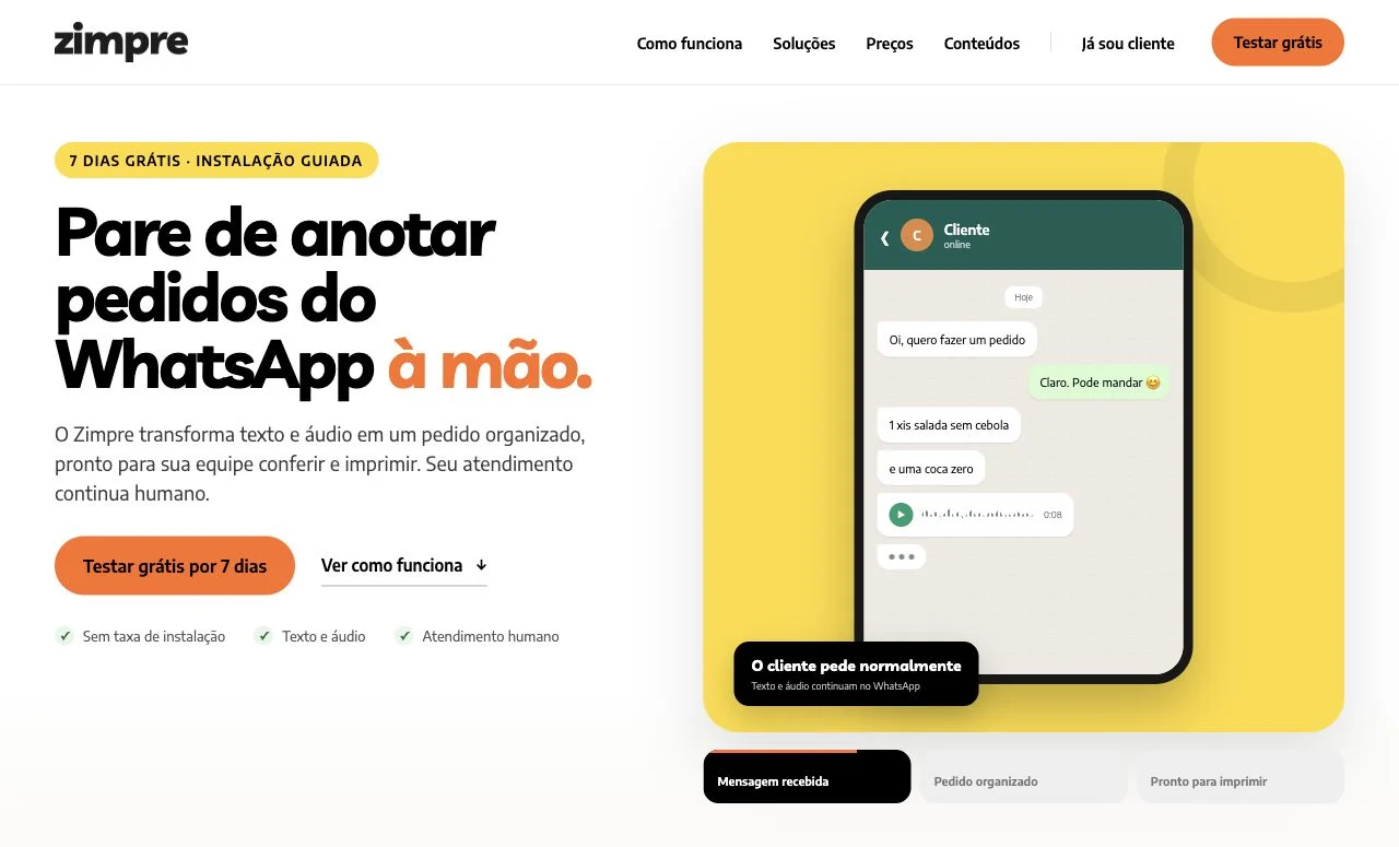Página inicial do Zimpre com a demonstração de uma conversa no WhatsApp em um celular sobre fundo amarelo